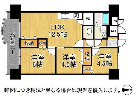 南側バルコニーにつき陽当たり・通風良好!収納スペース豊富な3LDKの間取りです