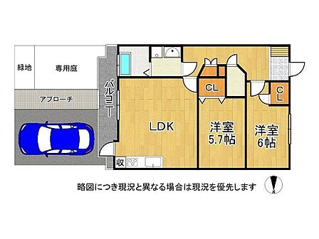 専用駐車場から室内へ直接出入りでき、家事動線も快適な専用庭付き2LDK。