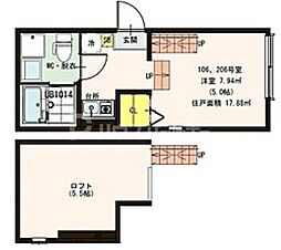 ハーモニーテラス松江 1階ワンルームの間取り