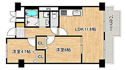 カルム堺B棟 2LDKの間取図画像