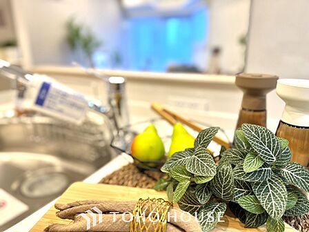 【Kitchen】美しく使いやすいキッチンは油汚れが簡単に拭き取れる素材で加工されており、浄水器シャワーから流す水の音を軽減する静かなシンクを採用。見えないところにさり気ない配慮が嬉しい