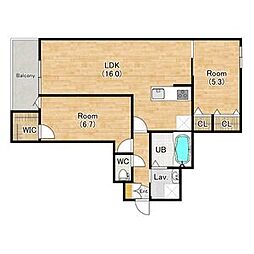 ブルームひまわり 1階2LDKの間取り
