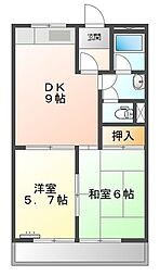 メゾン城土A棟（北）・B棟（南） 2階2DKの間取り