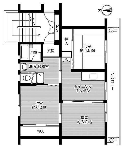 ビレッジハウス富山北4号棟 0402｜富山県富山市晴海台(賃貸マンション3DK・4階・53.96㎡)の写真 その2