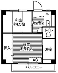 ビレッジハウス川内1号棟 1階2Kの間取り