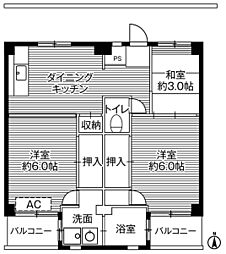 ビレッジハウス寺尾1号棟 3DKの間取図画像