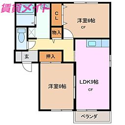アヴェニュー霞ケ浦A棟 2DKの間取図画像