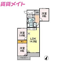 田村マンションB棟 3LDKの間取図画像