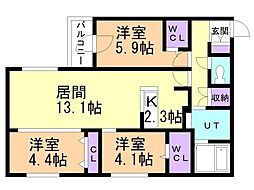 ALPHASQUARE北12西3 3LDKの間取図画像