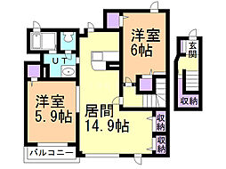 アクティブ豆の木 2LDKの間取図画像