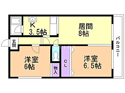第9ベルハイム 2LDKの間取図画像