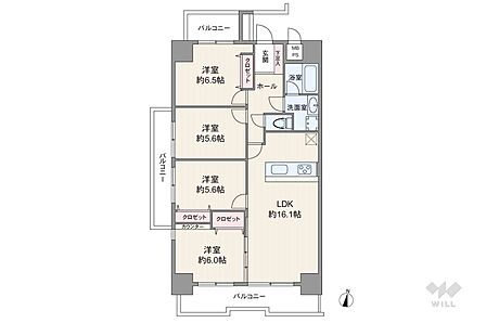 間取りは専有面積84.24平米の4LDK。LDK約16.1帖の縦長リビングのプラン。複数方向に採光部があり、バルコニー面積は19.82平米です。
