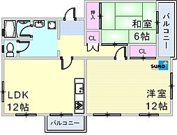 伊川谷住宅　12号棟 5階2LDKの間取り
