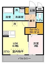 クレスト登戸 2階1LDKの間取り