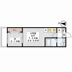 フィオーレ勝田台 3階1DKの間取り