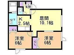 ポンムドゥテール前田 2LDKの間取図画像