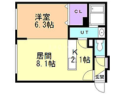 コラージュ琴似 2階1LDKの間取り