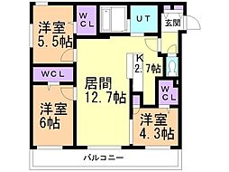 JR函館本線 琴似駅 徒歩9分の賃貸マンション 2階3LDKの間取り