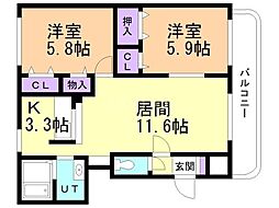 メゾン・ブランシェ西野 2LDKの間取図画像