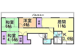 ビレッジハウス発寒1号棟 3LDKの間取図画像