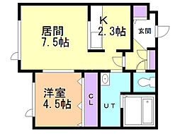 ピースフル北郷 1LDKの間取図画像