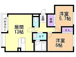 ヴィラエルンテ平和通2 2LDKの間取図画像