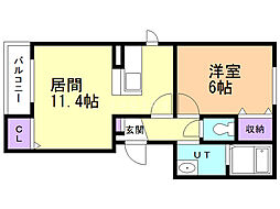 サンリーブ北郷2 1LDKの間取図画像