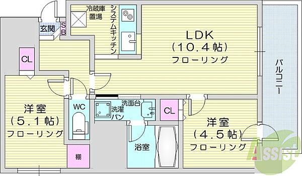 プライヴェル山鼻壱番館 ｜北海道札幌市中央区南九条西12丁目(賃貸マンション2LDK・12階・45.56㎡)の写真 その2