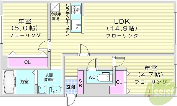 aulea(アウレア) ｜北海道札幌市白石区本郷通2丁目北(賃貸マンション2LDK・2階・51.85㎡)の写真 その2