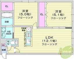 Encore北27条 1階2LDKの間取り