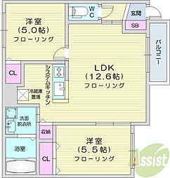 Encore北27条 1階2LDKの間取り