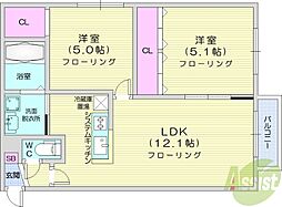 Encore北27条 3階2LDKの間取り