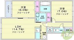 リッチオーク屯田B 2LDKの間取図画像