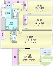 クラリス南9条 3LDKの間取図画像