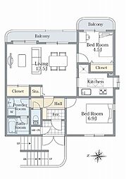 ハイネス青葉台B棟 2LDKの間取図画像