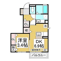 J-Room☆妃二番館 1DKの間取図画像