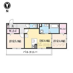 JR草津線 手原駅 徒歩23分の賃貸アパート 2階2DKの間取り