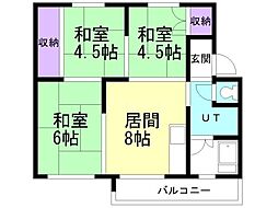 あけぼの団地33号棟 1階3DKの間取り