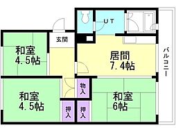 札幌西月寒団地6 3DKの間取図画像