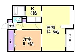 ホークメゾン札幌3号館 1LDKの間取図画像