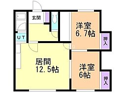 カネ山ハイツB 2LDKの間取図画像