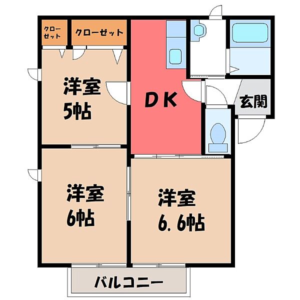 ハイツサンフラウァ D ｜群馬県伊勢崎市連取本町(賃貸アパート3DK・2階・50.78㎡)の写真 その2