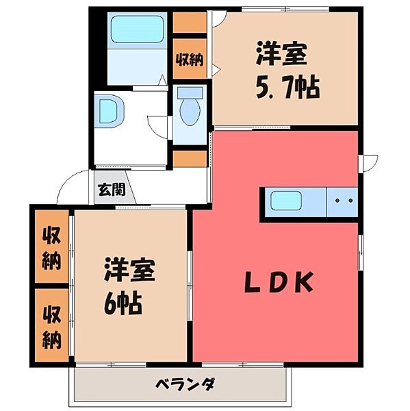 アスナロ C ｜群馬県伊勢崎市宮子町(賃貸アパート2LDK・1階・50.05㎡)の写真 その2