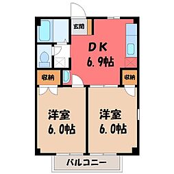 リバーサイド中川 B 1階2DKの間取り