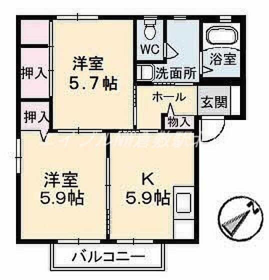 岡山県倉敷市中島(賃貸アパート2K・1階・43.75㎡)の写真 その2