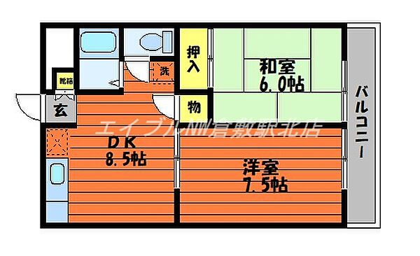 岡山県倉敷市沖新町(賃貸アパート2DK・2階・43.06㎡)の写真 その2