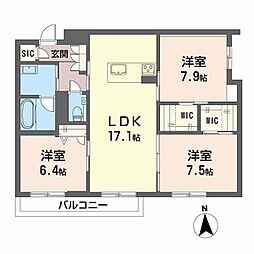 ヴィラ観世II 2階3LDKの間取り