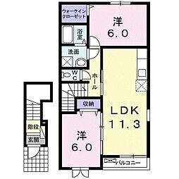 ウイングナカシマII 2階2LDKの間取り