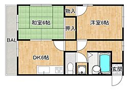 アールズプレイス二日市 2DKの間取図画像