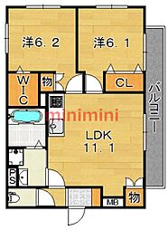 カーサフェリーチェ日の出 2LDKの間取図画像